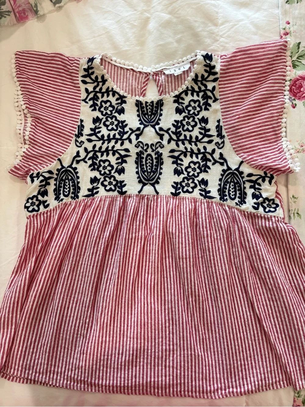 THML Sz S Top Cotton Linen Red White Striped Floral Embroidered Boho Cottagecore - Picture 4 of 10